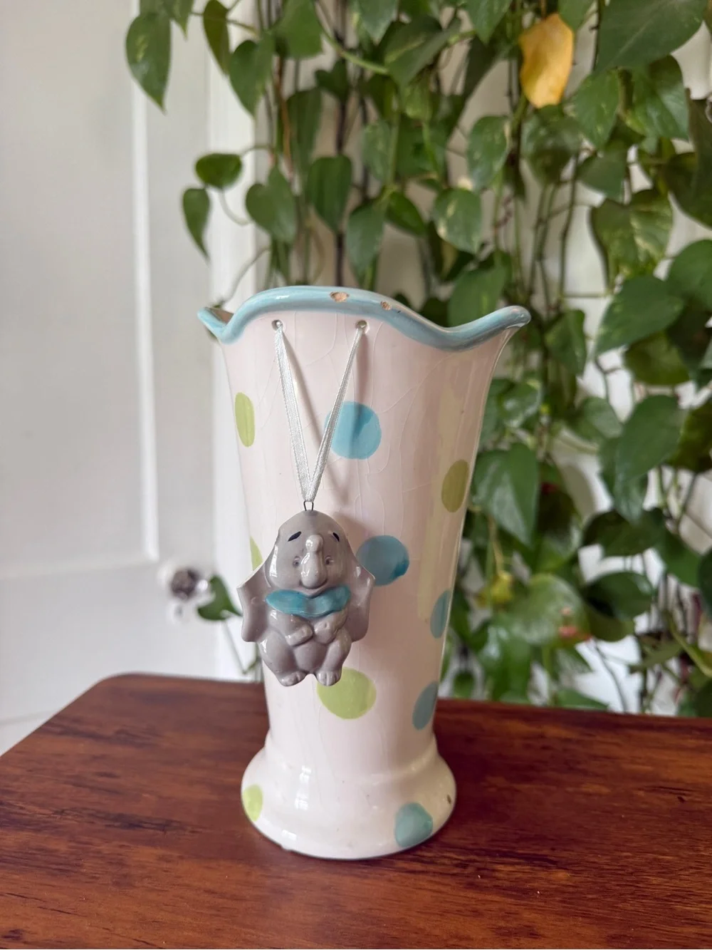 Hand-Painted Polka Dot Ceramic Vase in Blue and Green Baby shower elephant